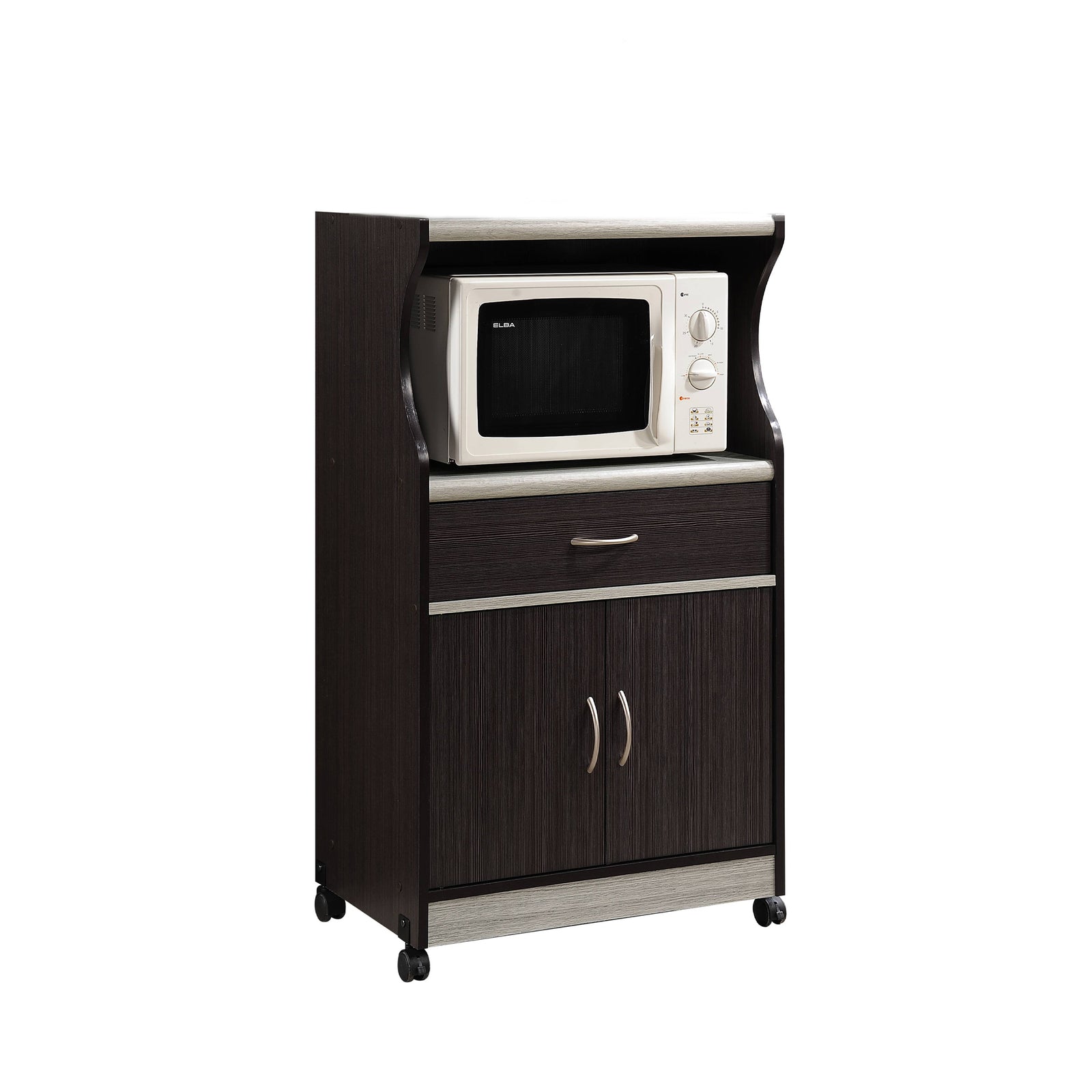 Hodedah Wheeled Microwave Island Cart w/ Drawer and Cabinet Storage, Choco Grey - VMInnovations