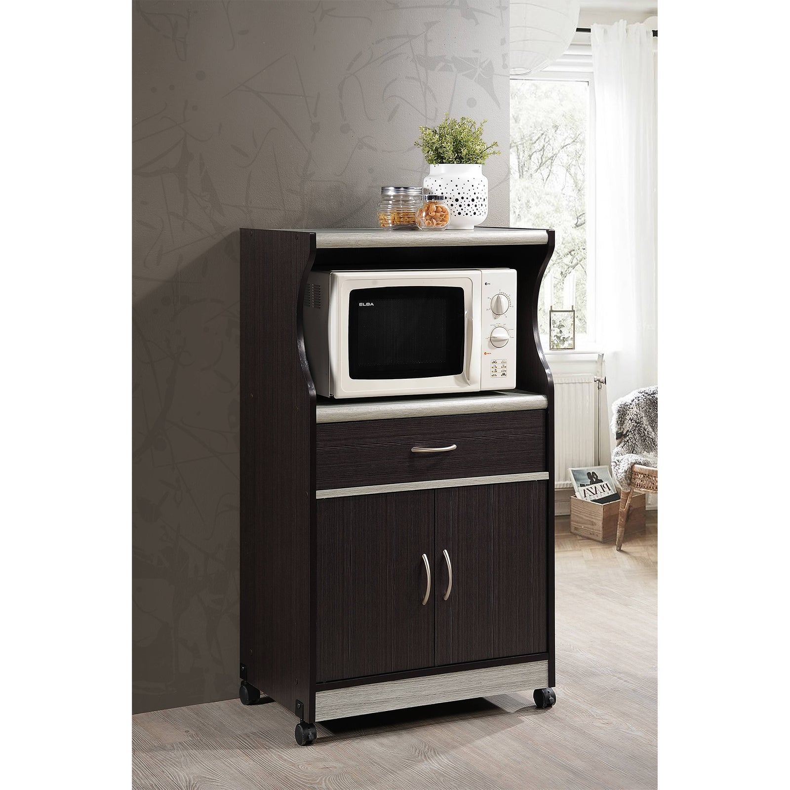 Hodedah Wheeled Microwave Island Cart w/ Drawer and Cabinet Storage, Choco Grey - VMInnovations