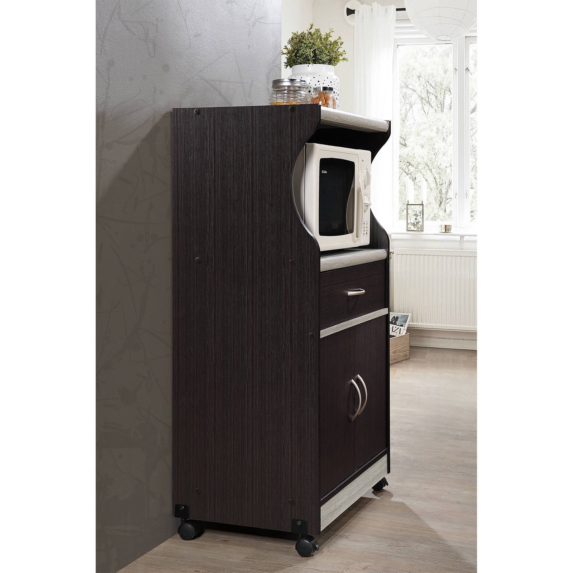 Hodedah Wheeled Microwave Island Cart w/ Drawer and Cabinet Storage (Open Box)