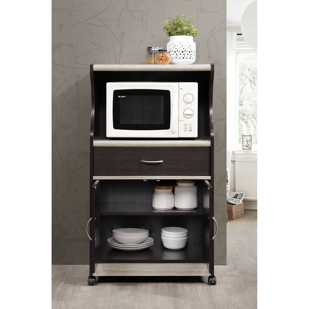 Hodedah Wheeled Microwave Island Cart w/ Drawer and Cabinet Storage, Choco Grey - VMInnovations