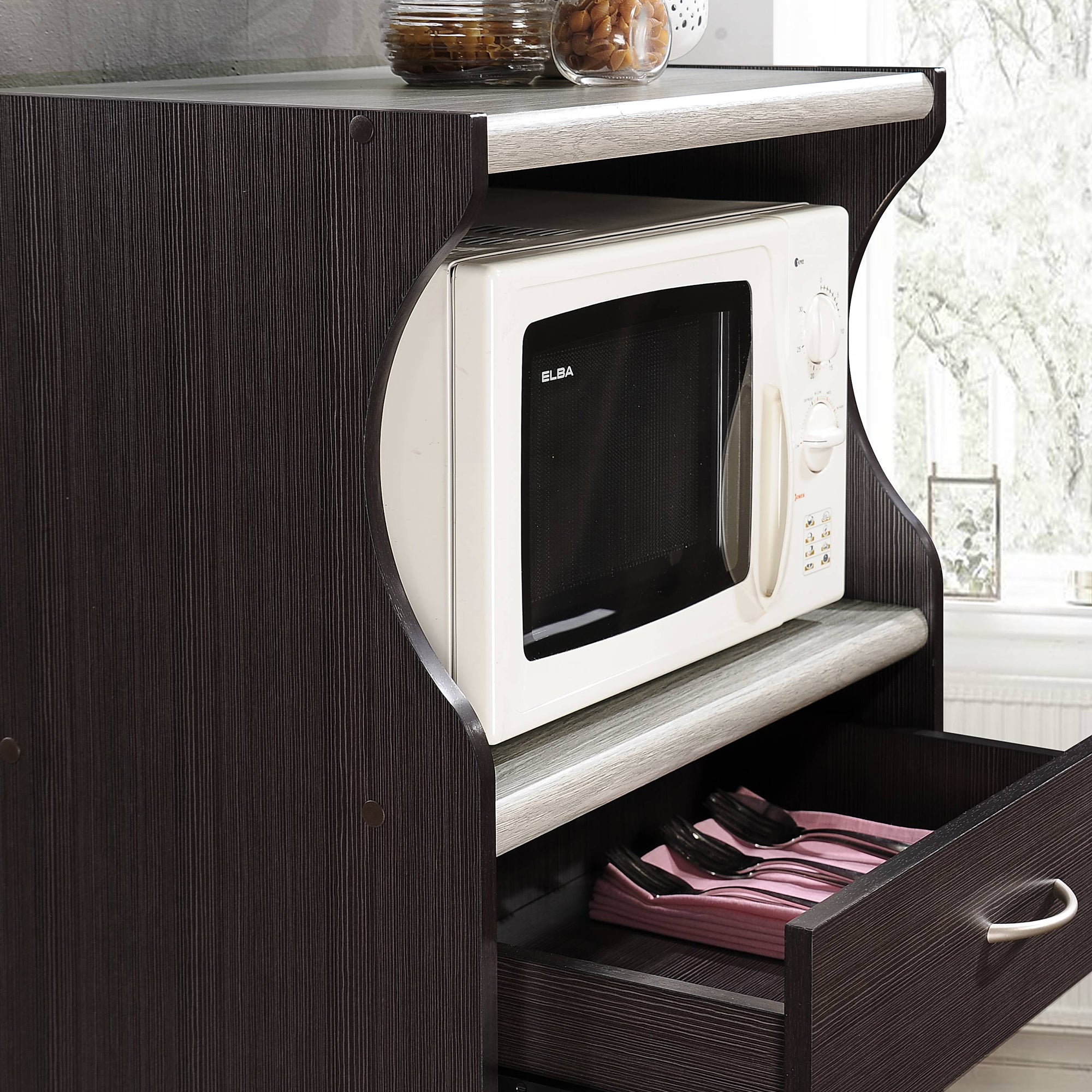 Hodedah Wheeled Microwave Island Cart w/ Drawer and Cabinet Storage (Open Box)