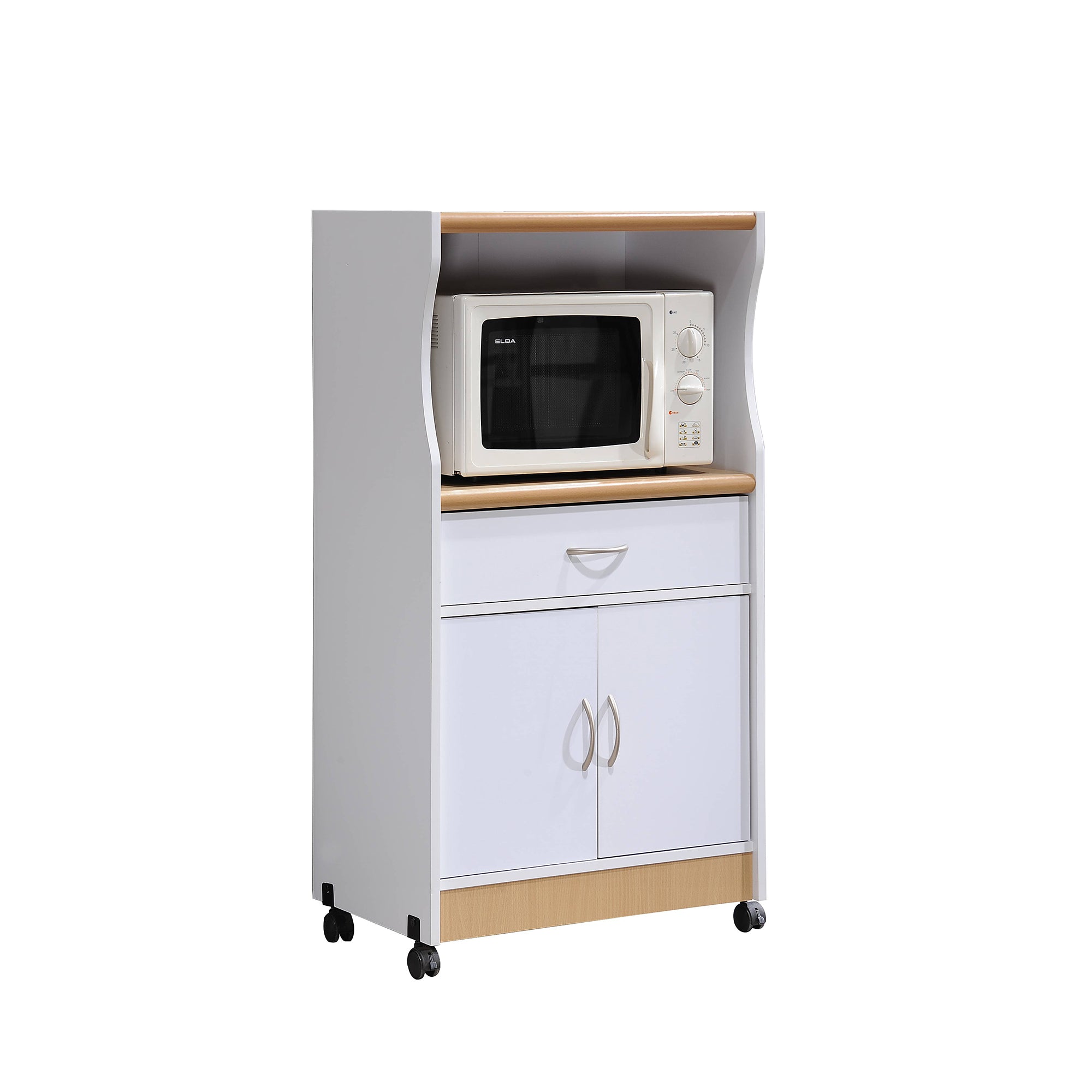 Wheeled Microwave Island Cart with Drawer and Cabinet Storage, White (Used)