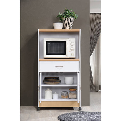 Wheeled Microwave Island Cart with Drawer and Cabinet Storage, White (Used)