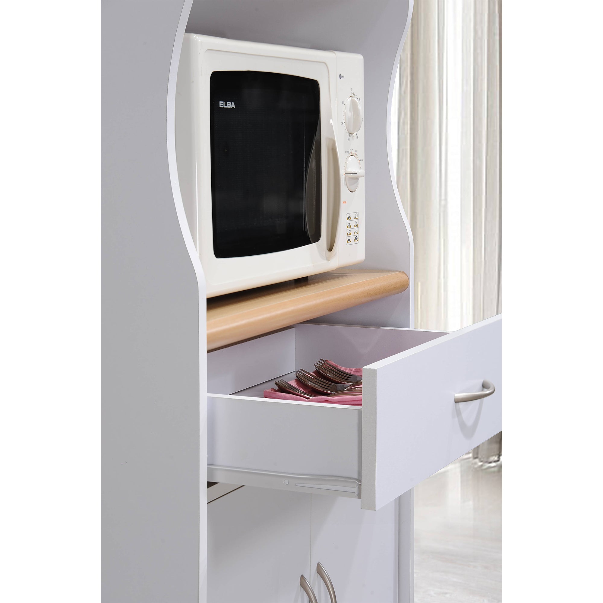 Wheeled Microwave Island Cart with Drawer and Cabinet Storage, White (Used)