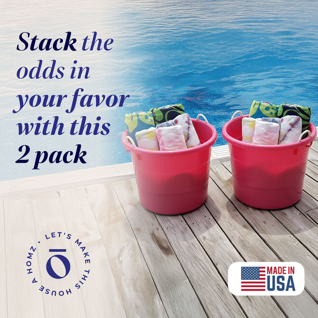 Homz Plastic 18 Gal Utility Bucket Tub w/ Rope Handle, Pink (2 Pack)