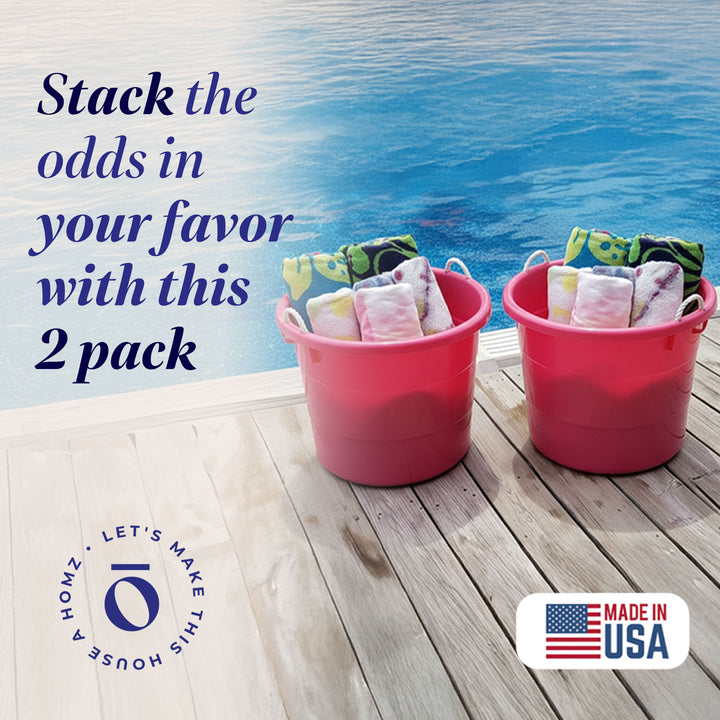 Homz Plastic 18 Gal Utility Bucket Tub w/ Rope Handle, Pink (2 Pack)