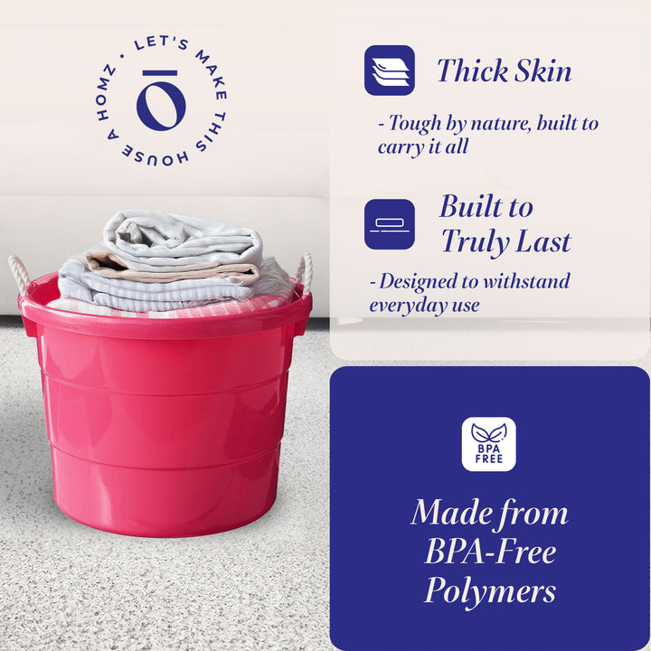Homz Plastic 18 Gal Utility Bucket Tub w/ Rope Handle, Pink (2 Pack)