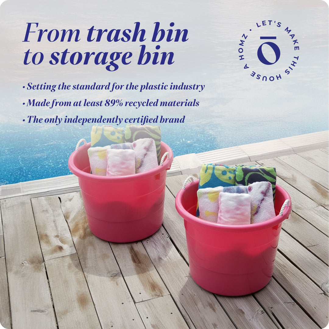 Homz Plastic 18 Gal Utility Bucket Tub w/ Rope Handle, Pink (2 Pack)