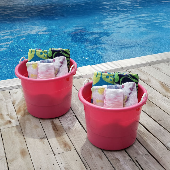 Homz Plastic 18 Gal Utility Bucket Tub w/ Rope Handle, Pink (2 Pack)