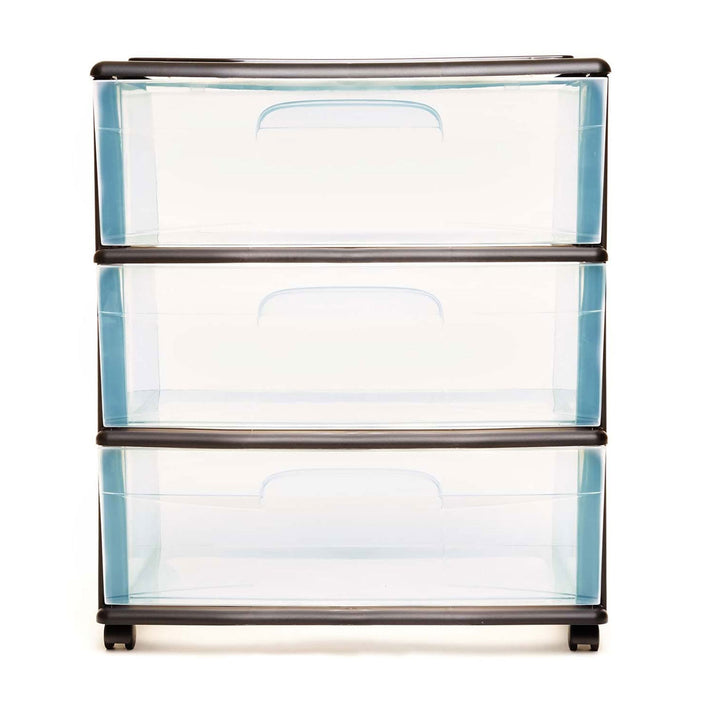 Homz Tall Solid Plastic 3 Drawer Medium Storage Cart with Wheels, Black (2 Pack)