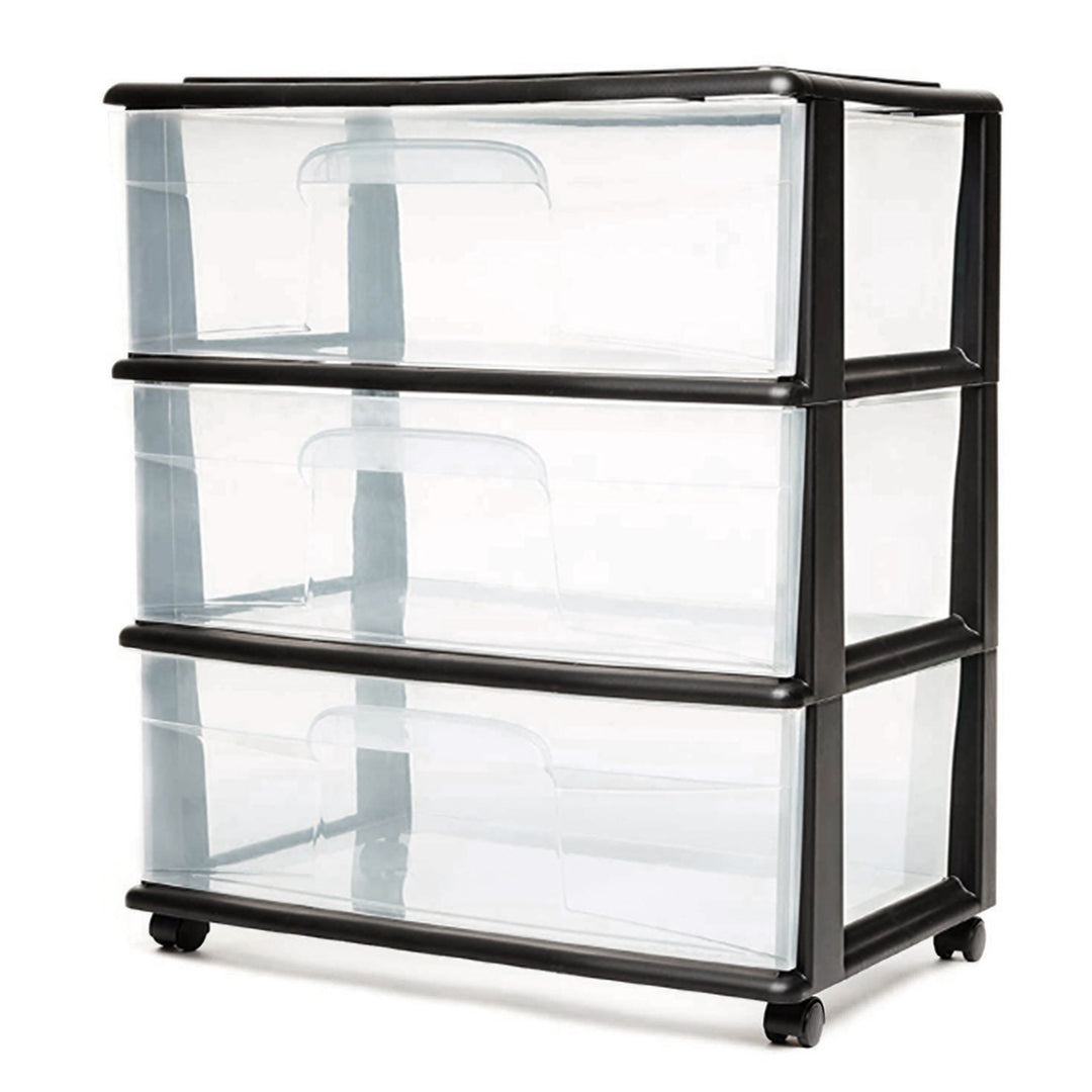 Tall Solid Plastic 3 Drawer Medium Storage Cart w/ Caster Wheels, Black (Used)