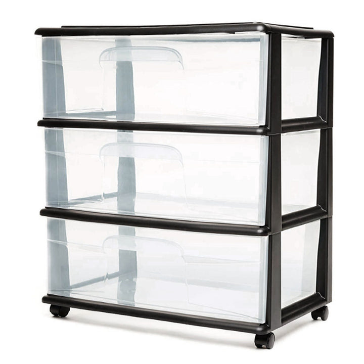 Tall Solid Plastic 3 Drawer Medium Storage Cart w/ Caster Wheels, Black (Used)