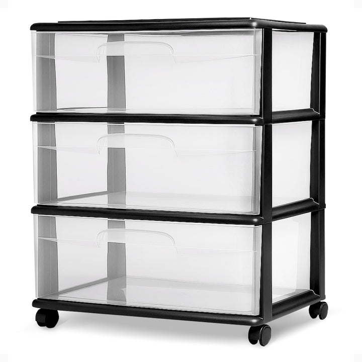 Homz Tall Solid Plastic 3 Drawer Medium Storage Cart with Caster Wheels, Black