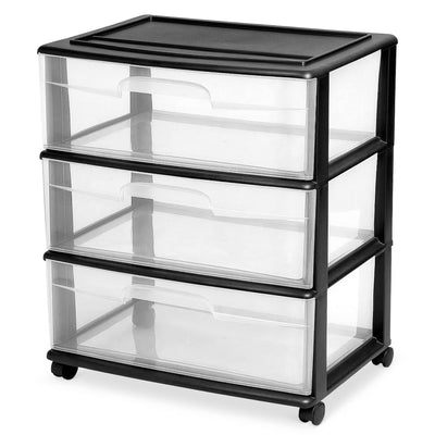 Homz Tall Plastic 3 Drawer Medium Storage Cart with Wheels, Black (Open Box)