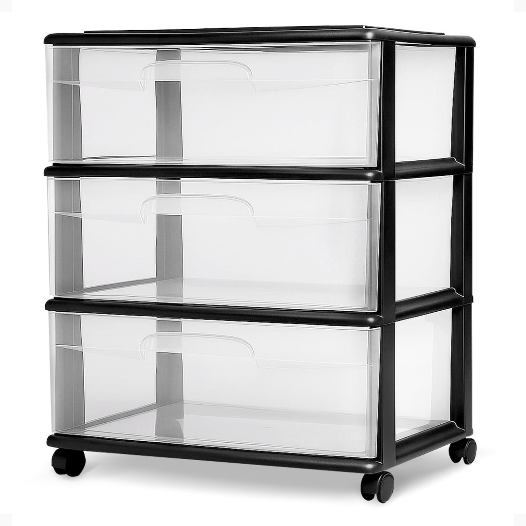 Homz Tall Solid Plastic 3 Drawer Medium Storage Cart with Caster Wheels, Black