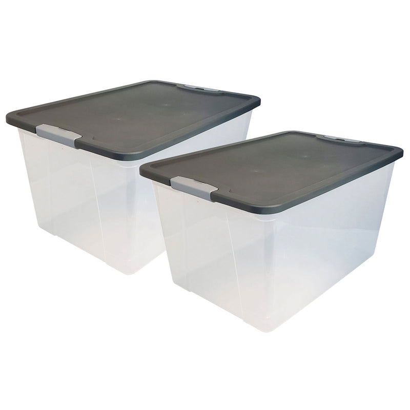 64 Qt Secure Latching Large Clear Plastic Storage Bin w/ Gray Lid (2 Pack)(Used)