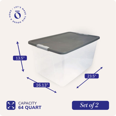 Homz 64Qt Stackable Plastic Storage Bin Container Box w/Latch Lid, Gray (2 Pack)