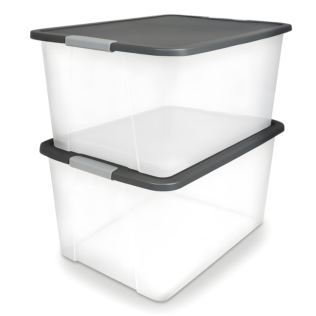 Homz 64Qt Stackable Plastic Storage Bin Container Box w/Latch Lid, Gray (2 Pack)