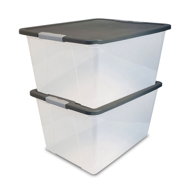 64 Qt Secure Latching Large Clear Plastic Storage Bin w/ Gray Lid (2 Pack)(Used)