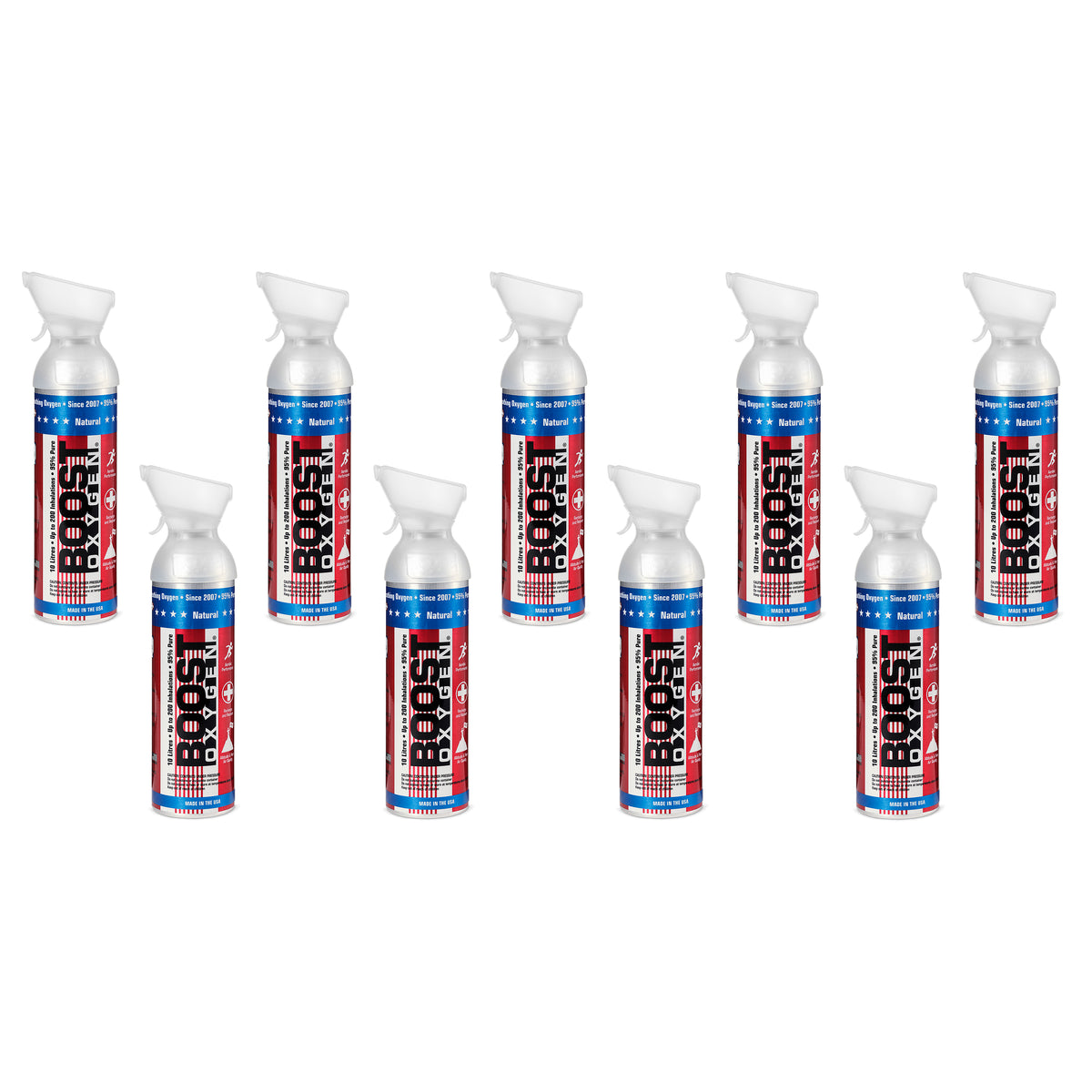 9 Pack 10L Boost Oxygen Stars and Stripes Pure Canned Oxygen Canister, Natural