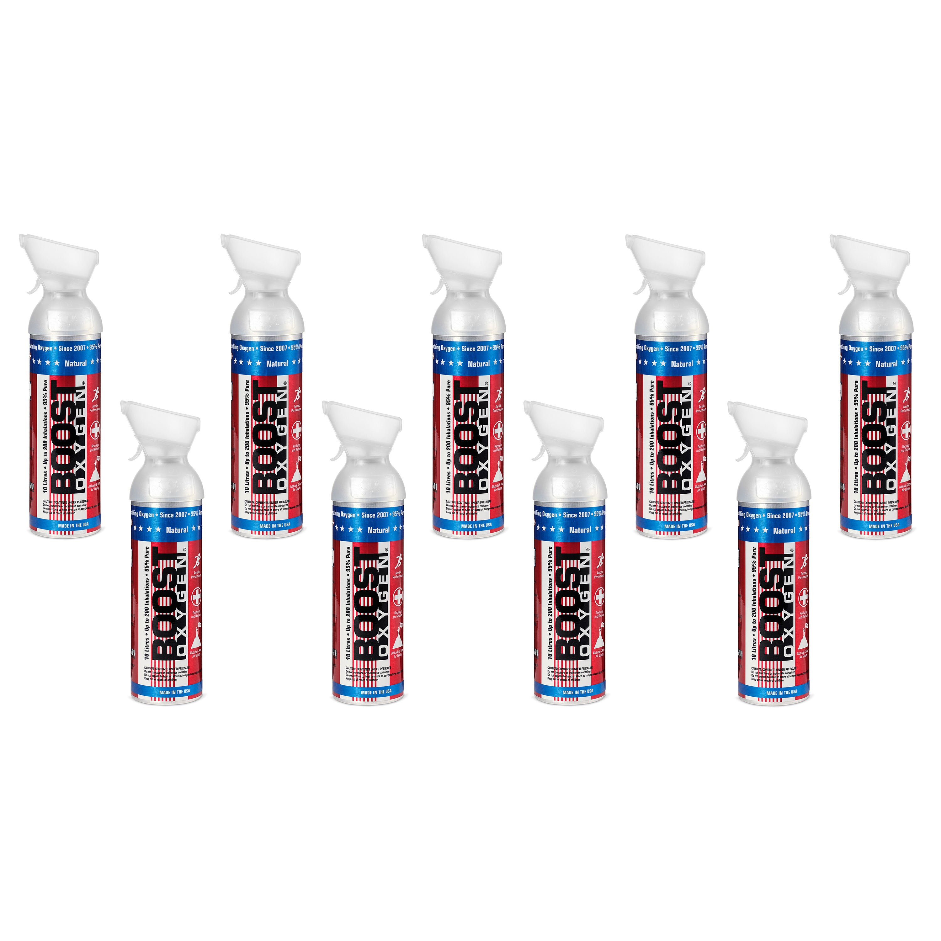 9 Pack 10L Boost Oxygen Stars and Stripes Pure Canned Oxygen Canister, Natural