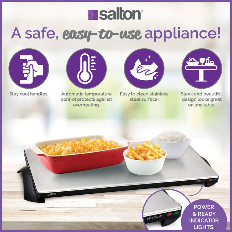 Salton Cordless Warming Serving Snack Tray, Large, Stainless Steel/Black (Used)