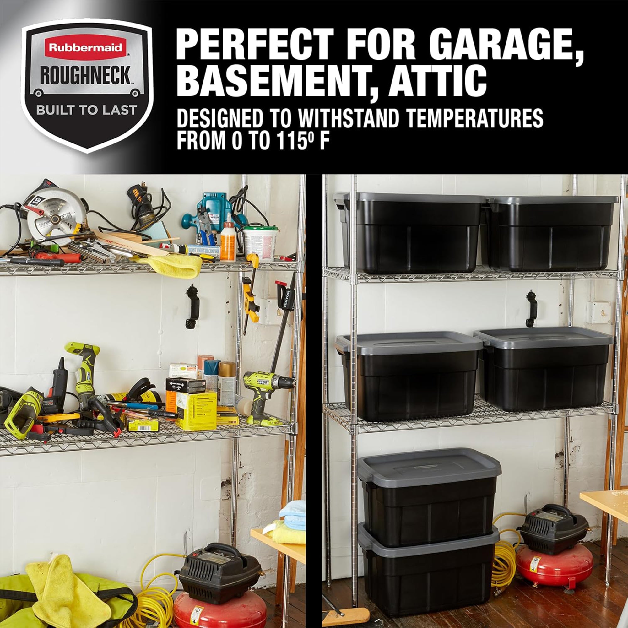 Rubbermaid Roughneck Tote 14 Gallon Storage Container, Black/Cool Gray (6 Pack) - VMInnovations
