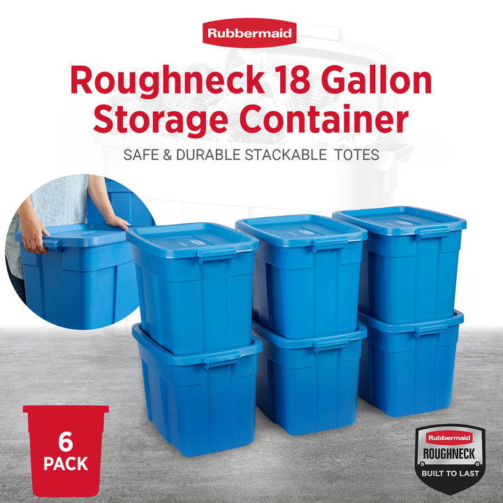 Rubbermaid Roughneck Tote 18 Gallon Storage Container, Blue (6 Pack) (Used)