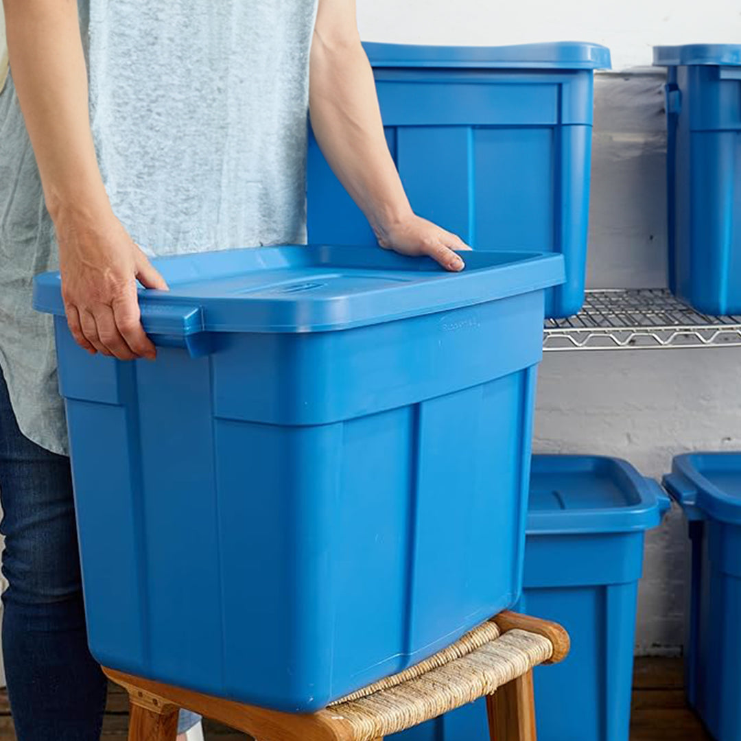 Rubbermaid Roughneck Tote 18 Gallon Storage Container, Blue (6 Pack) (Used)