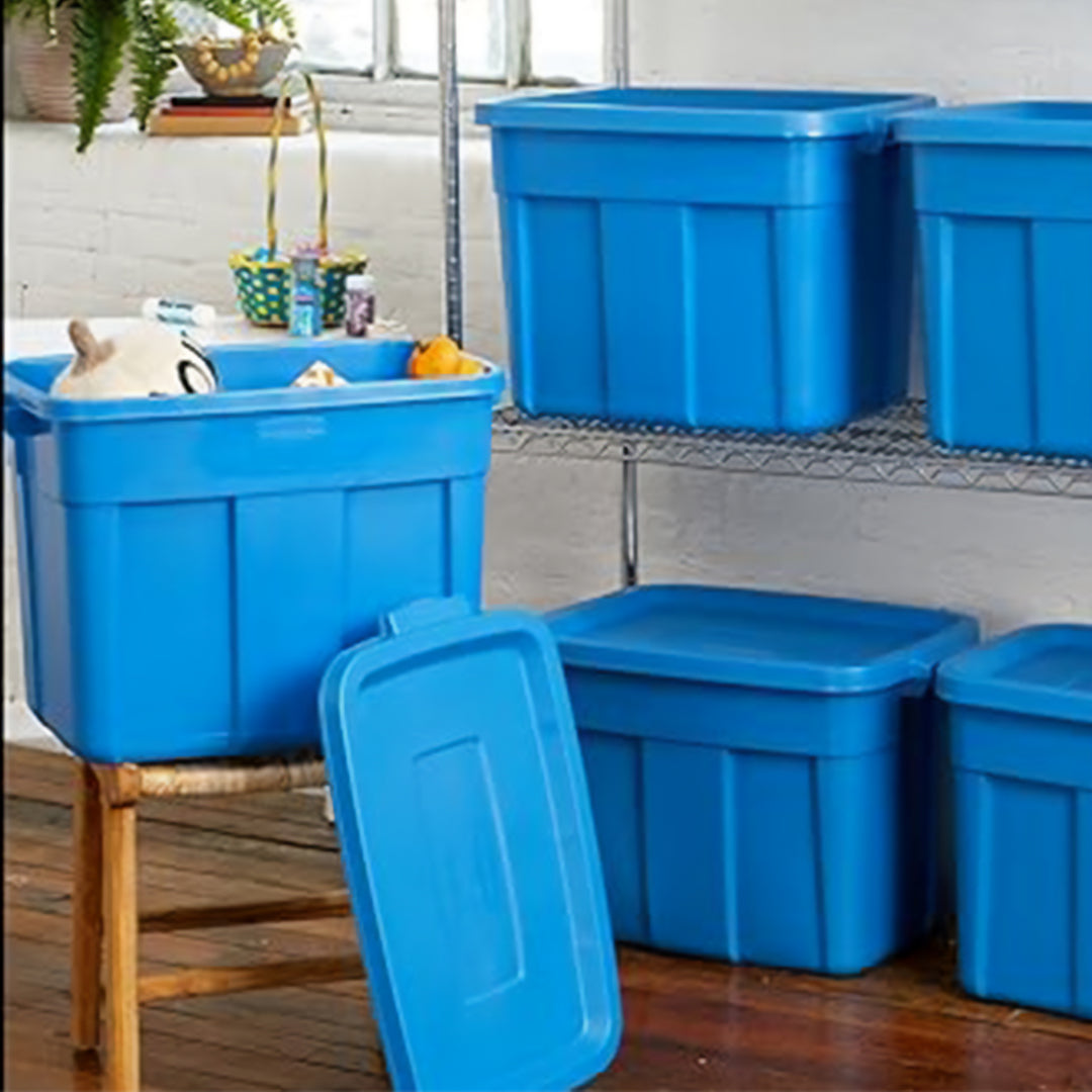 Rubbermaid Roughneck Tote 18 Gallon Storage Container, Blue (6 Pack) (Used)