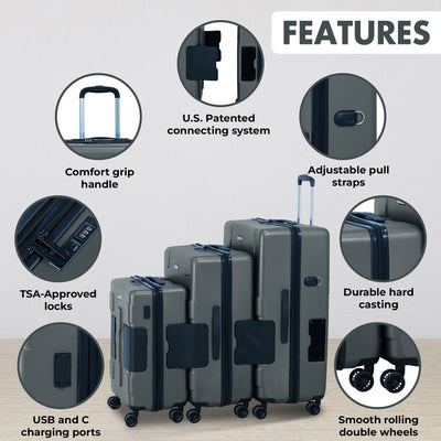 TACH V3 3 Piece Hard Shell Rolling Suitcase Luggage Set w/ Wheels, Gray (Used) - VMInnovations
