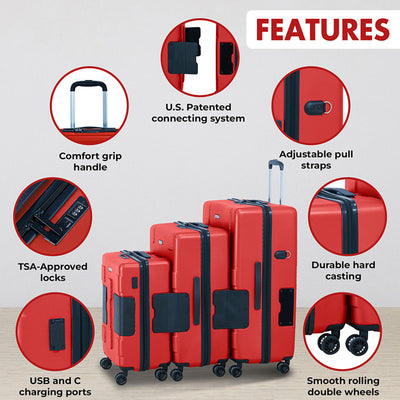 TACH V3 3 Piece Hard Shell Rolling Travel Suitcase Luggage Set w/ Wheels, Red (Refurbished)