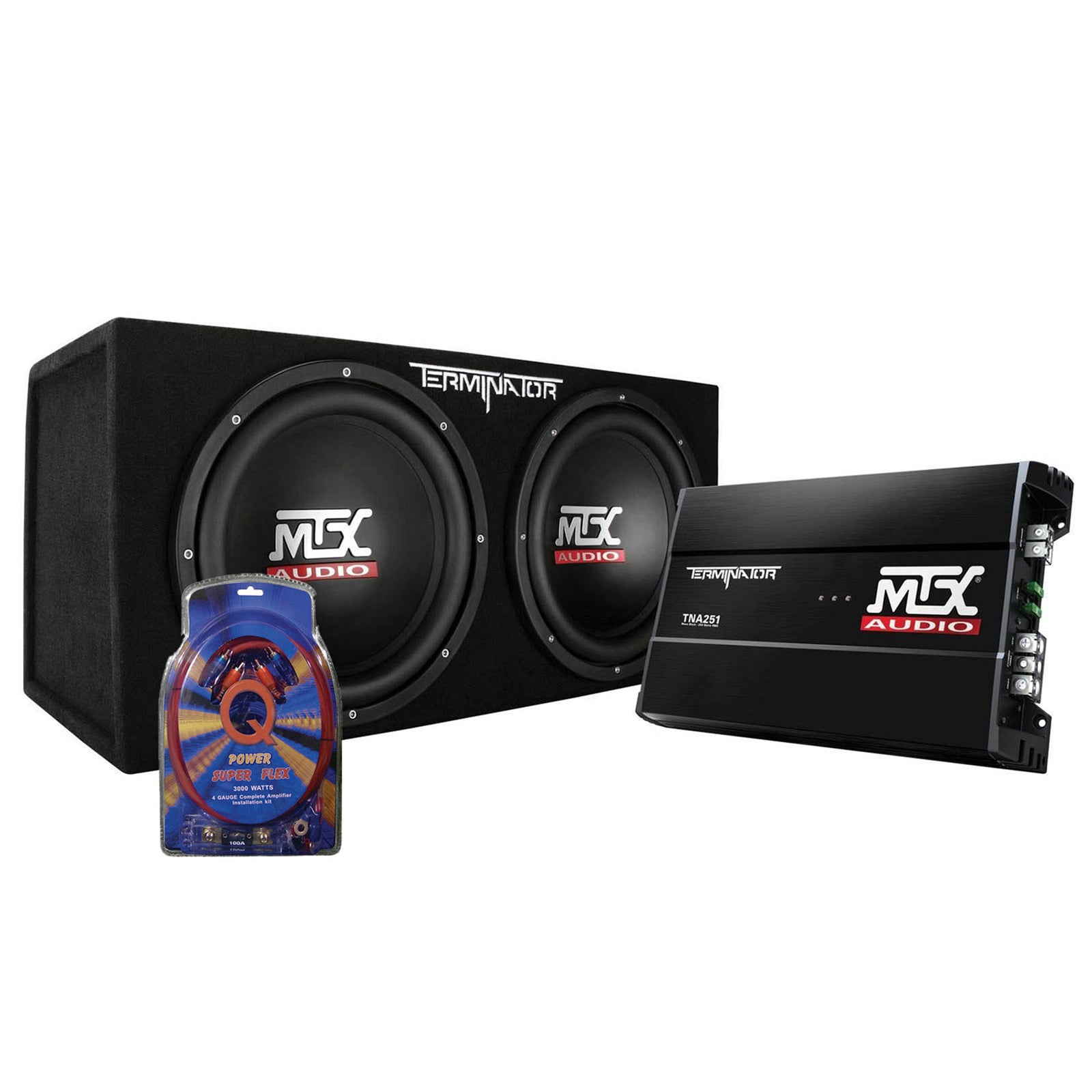 MTX 12" Dual Loaded Car Subwoofer w/ Sub Box, Amplifier, & QPower Wiring Amp Kit - VMInnovations