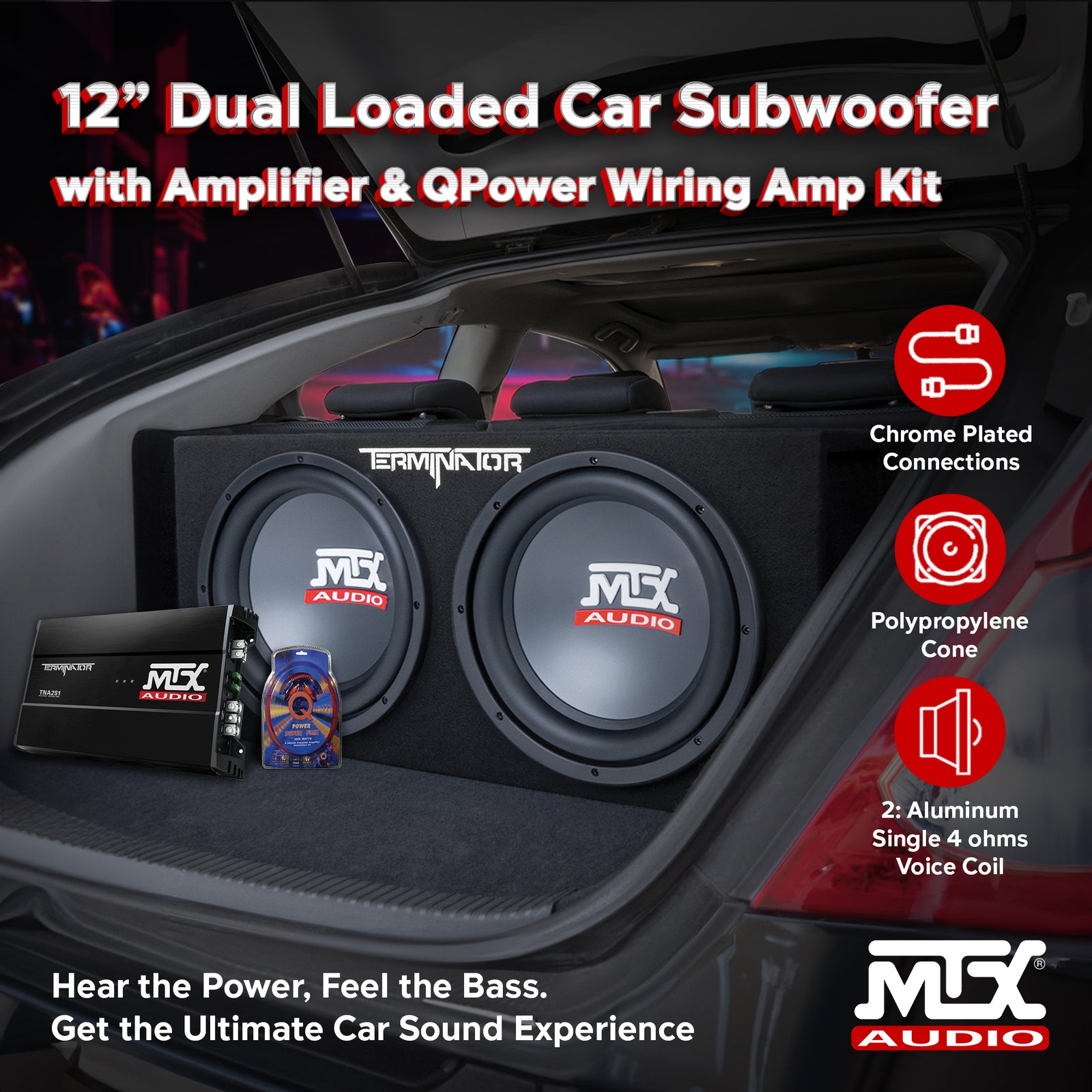 MTX 12" Dual Loaded Car Subwoofer w/ Sub Box, Amplifier, & QPower Wiring Amp Kit - VMInnovations