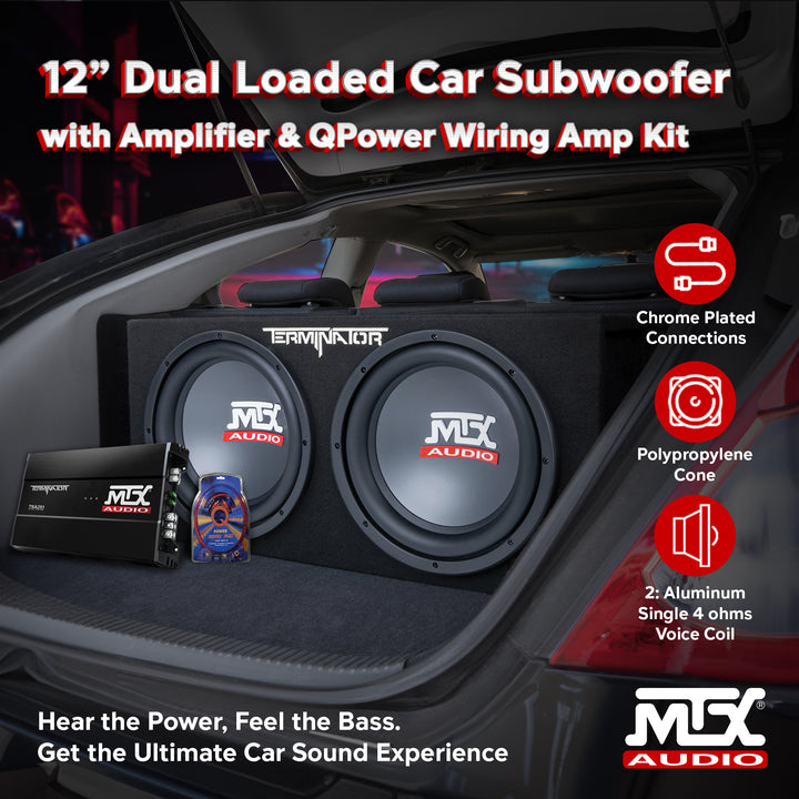 MTX 12" Dual Loaded Car Subwoofer w/ Sub Box, Amplifier, & QPower Wiring Amp Kit