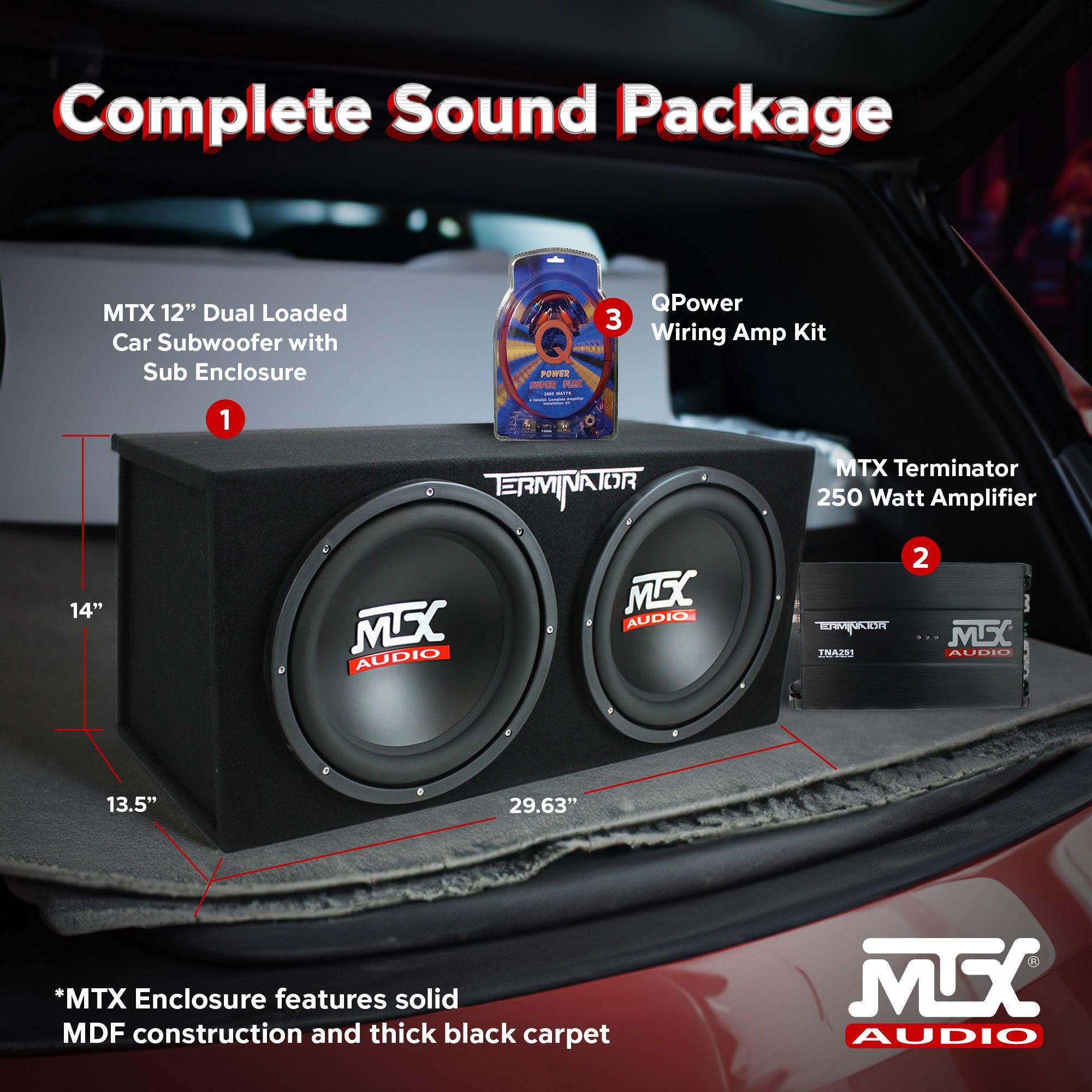 MTX 12" Dual Loaded Car Subwoofer w/ Sub Box, Amplifier, & QPower Wiring Amp Kit - VMInnovations