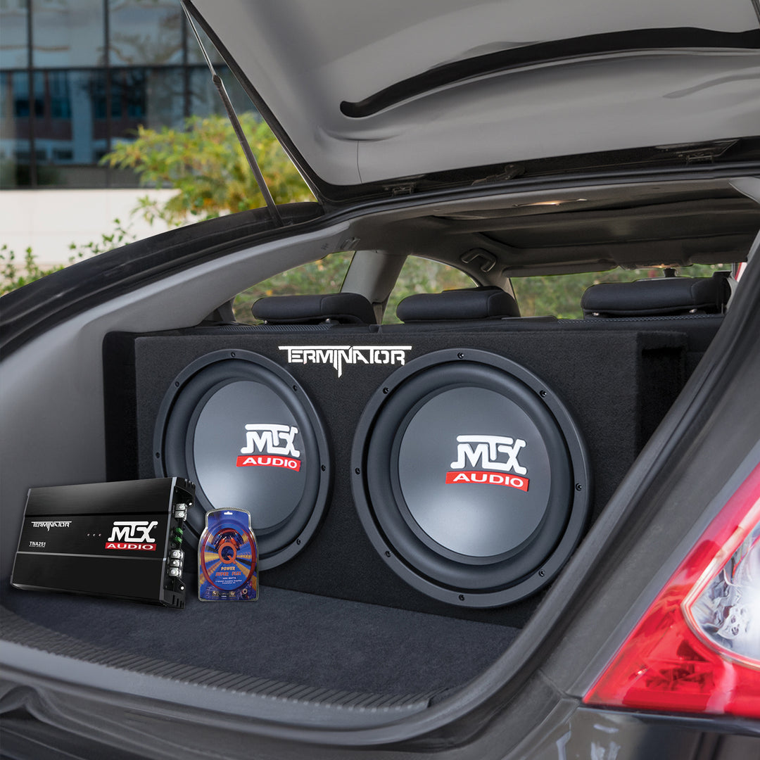 MTX 12" Dual Loaded Car Subwoofer w/ Sub Box, Amplifier, & QPower Wiring Amp Kit