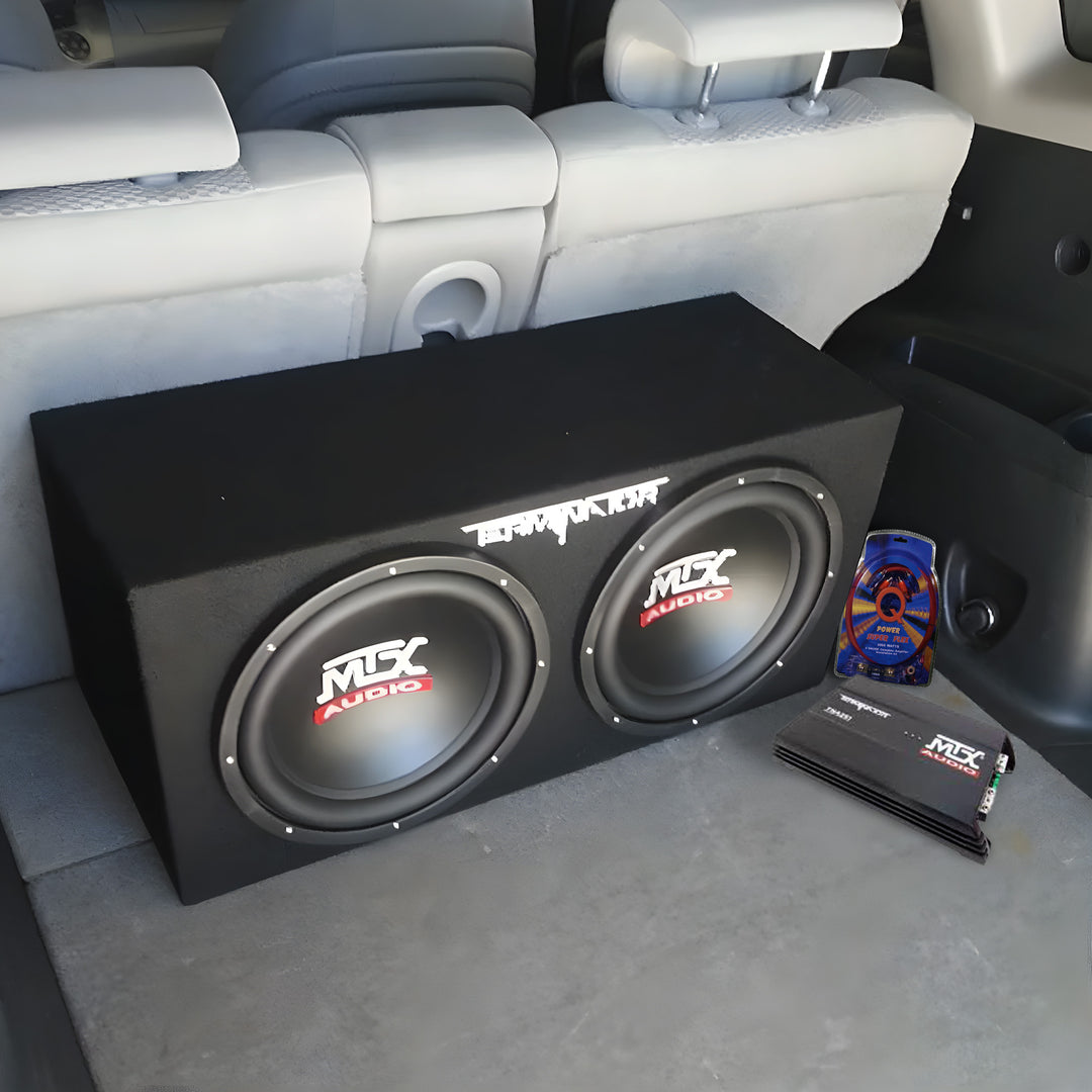 MTX 12" Dual Loaded Car Subwoofer w/ Sub Box, Amplifier, & QPower Wiring Amp Kit