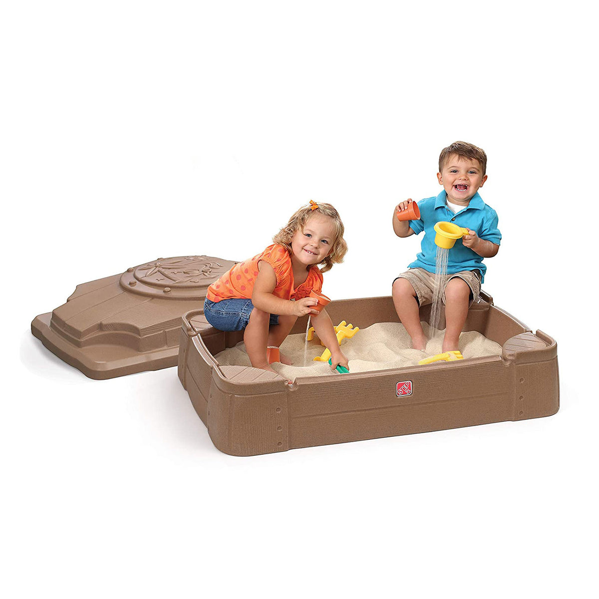 Step2 Play and Store Outdoor Backyard Sandbox for Toddlers with Cover Lid, Beige