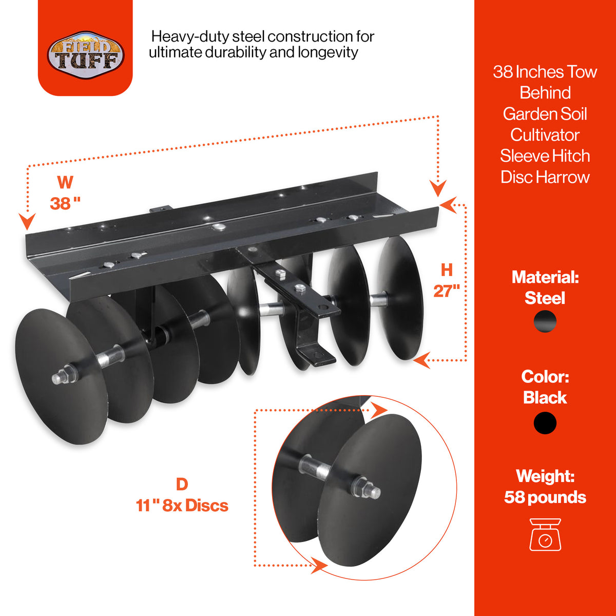 Field Tuff 39" Tow Behind Soil Cultivator Sleeve Hitch Disc Harrow(Open Box)