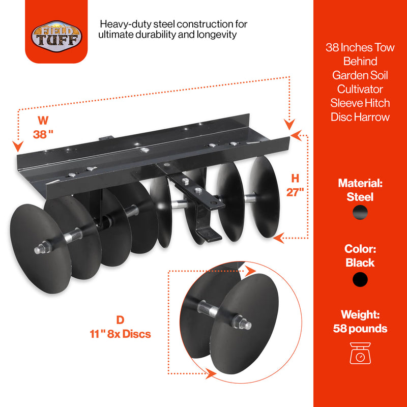 Field Tuff 39" Tow Behind Garden Soil Cultivator Sleeve Hitch Disc Harrow (Used)