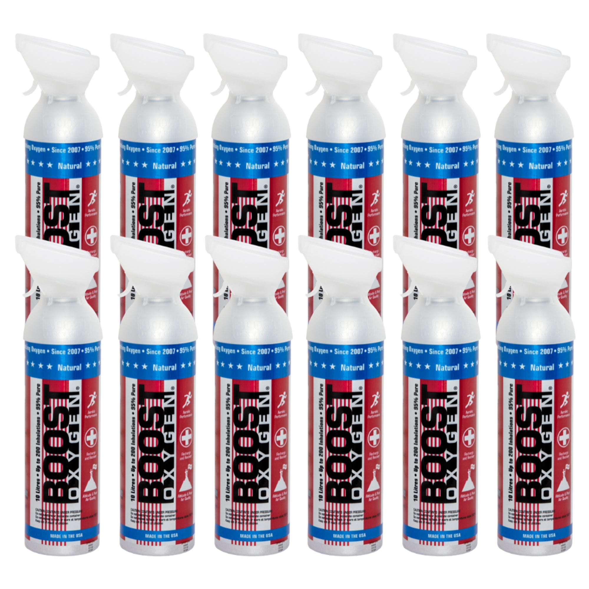 12 Pack 10L Boost Oxygen Stars and Stripes Pure Canned Oxygen Canister, Natural - VMInnovations