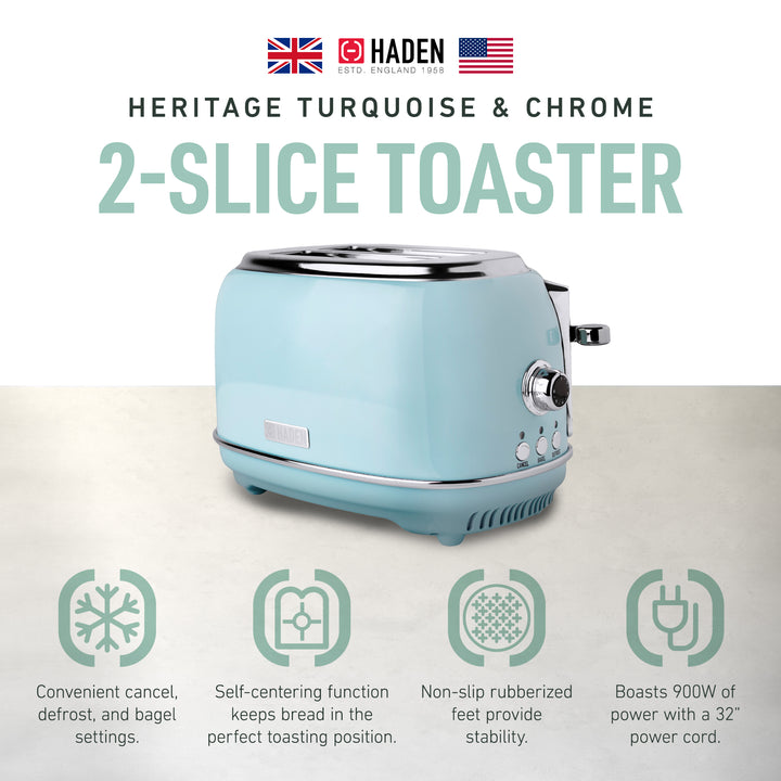 Haden Heritage 2 Slice Wide Slot Stainless Steel Toaster, Turquoise/Chrome(Used)