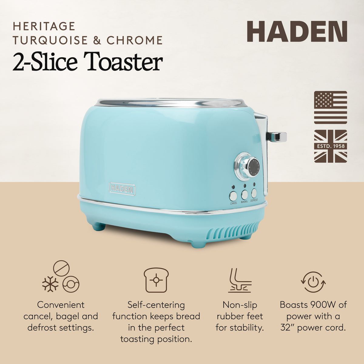 Haden 2 Slice Wide Slot Stainless Steel Bread Toaster, Turquoise (Open Box)