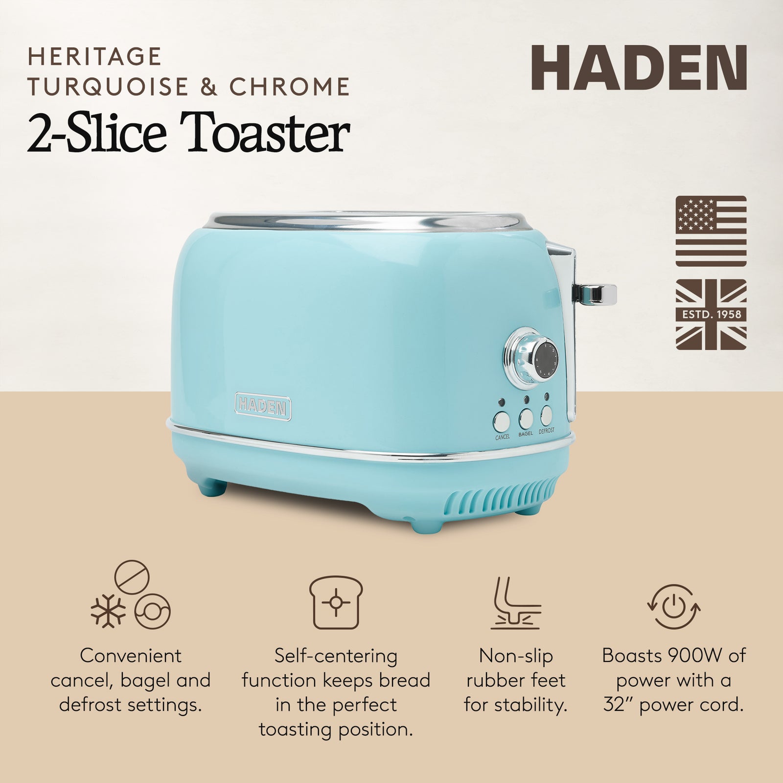 Haden 2 Slice Wide Slot Stainless Steel Bread Toaster, Turquoise (Open Box) - VMInnovations