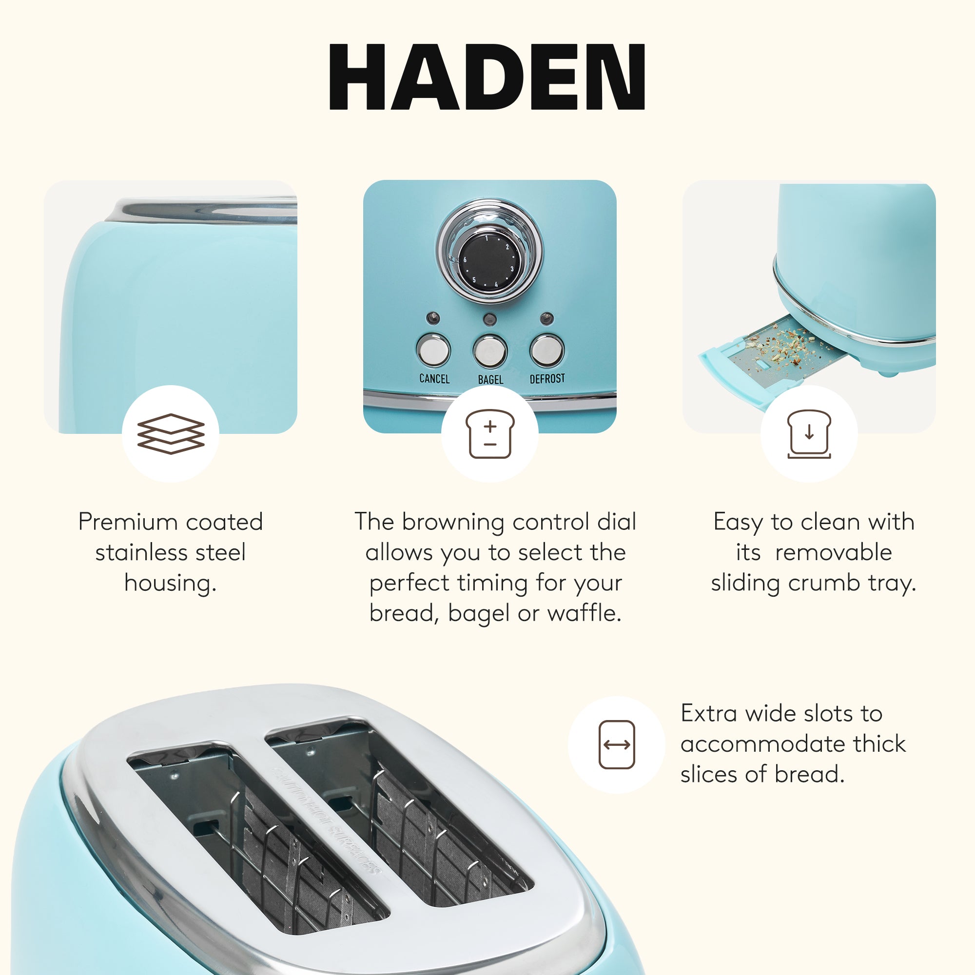 Haden 2 Slice Wide Slot Stainless Steel Bread Toaster, Turquoise (Open Box)