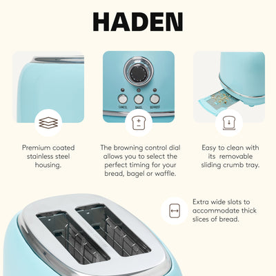 Haden 2 Slice Wide Slot Stainless Steel Bread Toaster, Turquoise (Open Box)