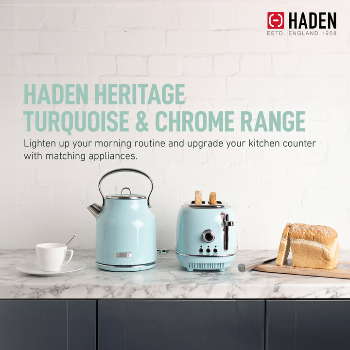 Haden Heritage 2 Slice Wide Slot Stainless Steel Toaster, Turquoise & Chrome