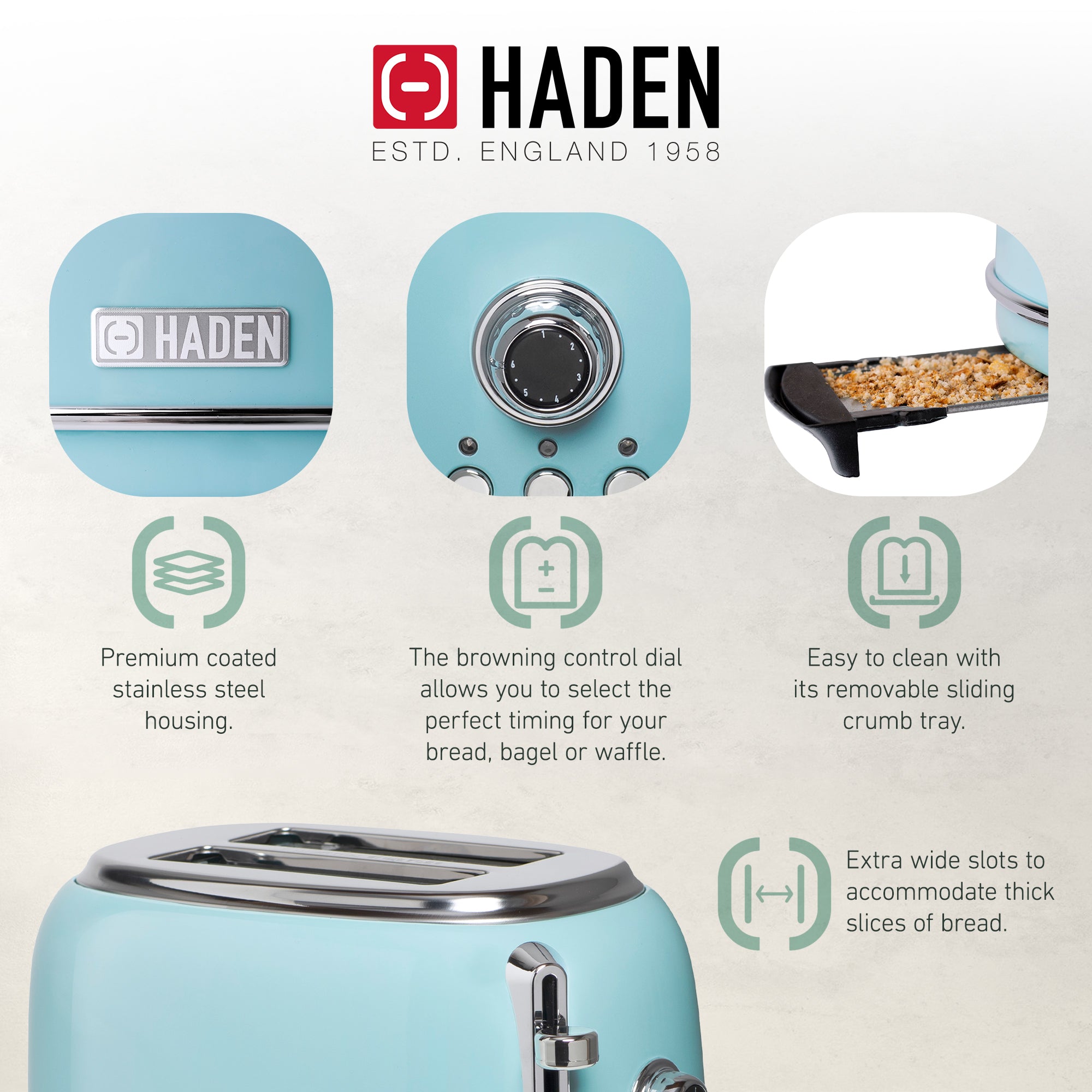 Haden Heritage 2 Slice Wide Slot Stainless Steel Toaster, Turquoise/Chrome(Used) - VMInnovations