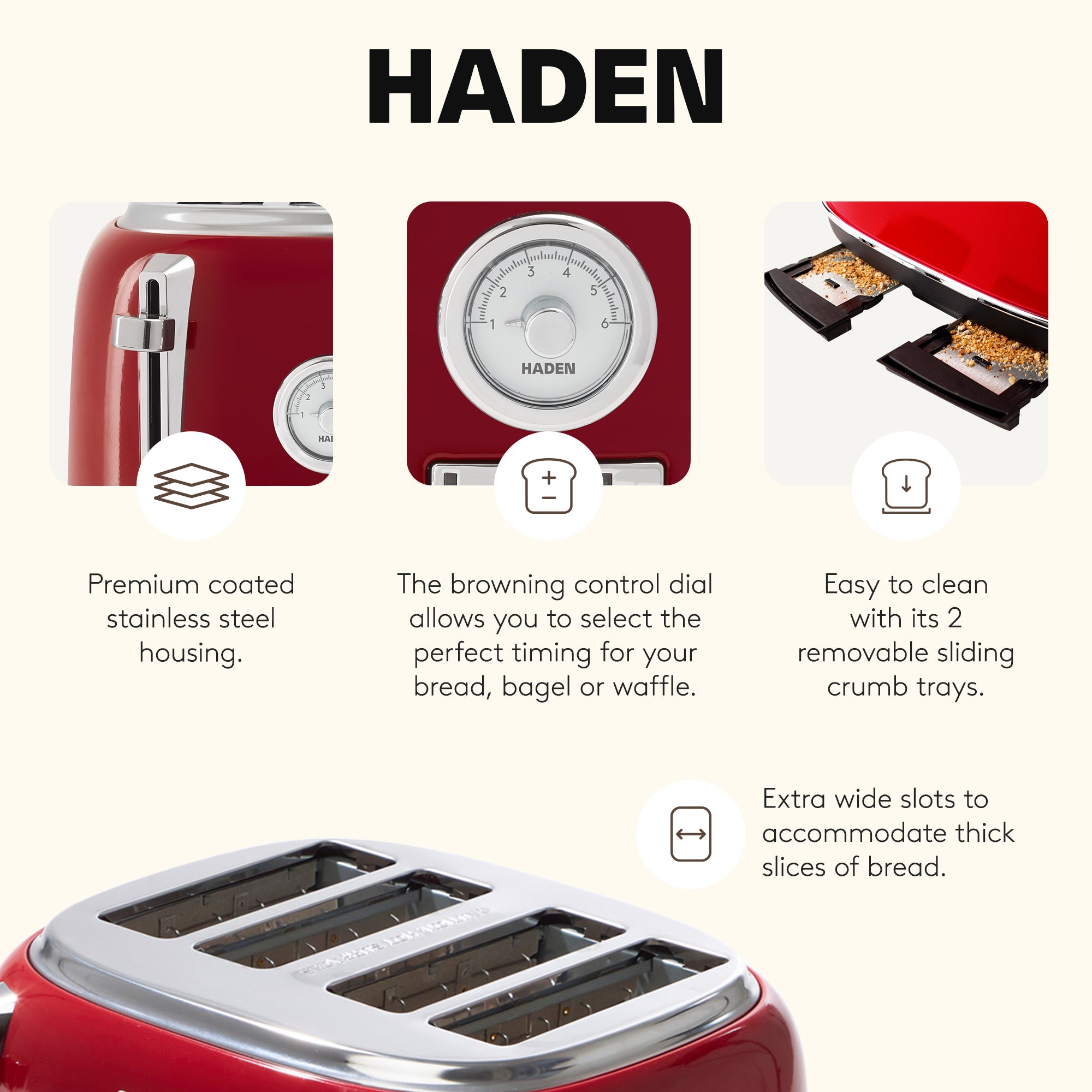 Haden Dorset 4 Slice Wide Slot Stainless Steel Toaster w/Crumb Tray,Red(Damaged)